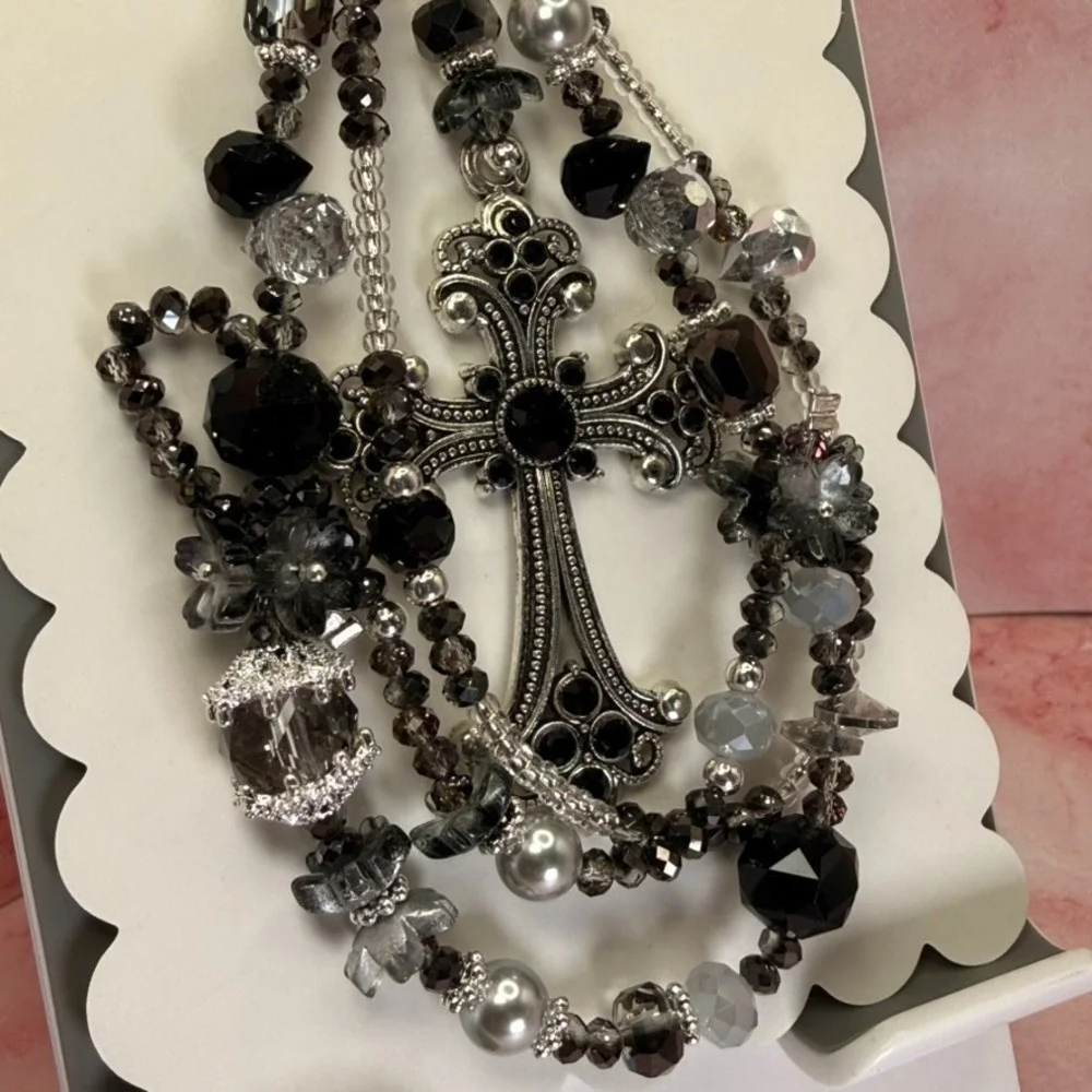 Cross Silver Black Beaded Phone Wristlet Crystal Bag Charm Keychain Premium